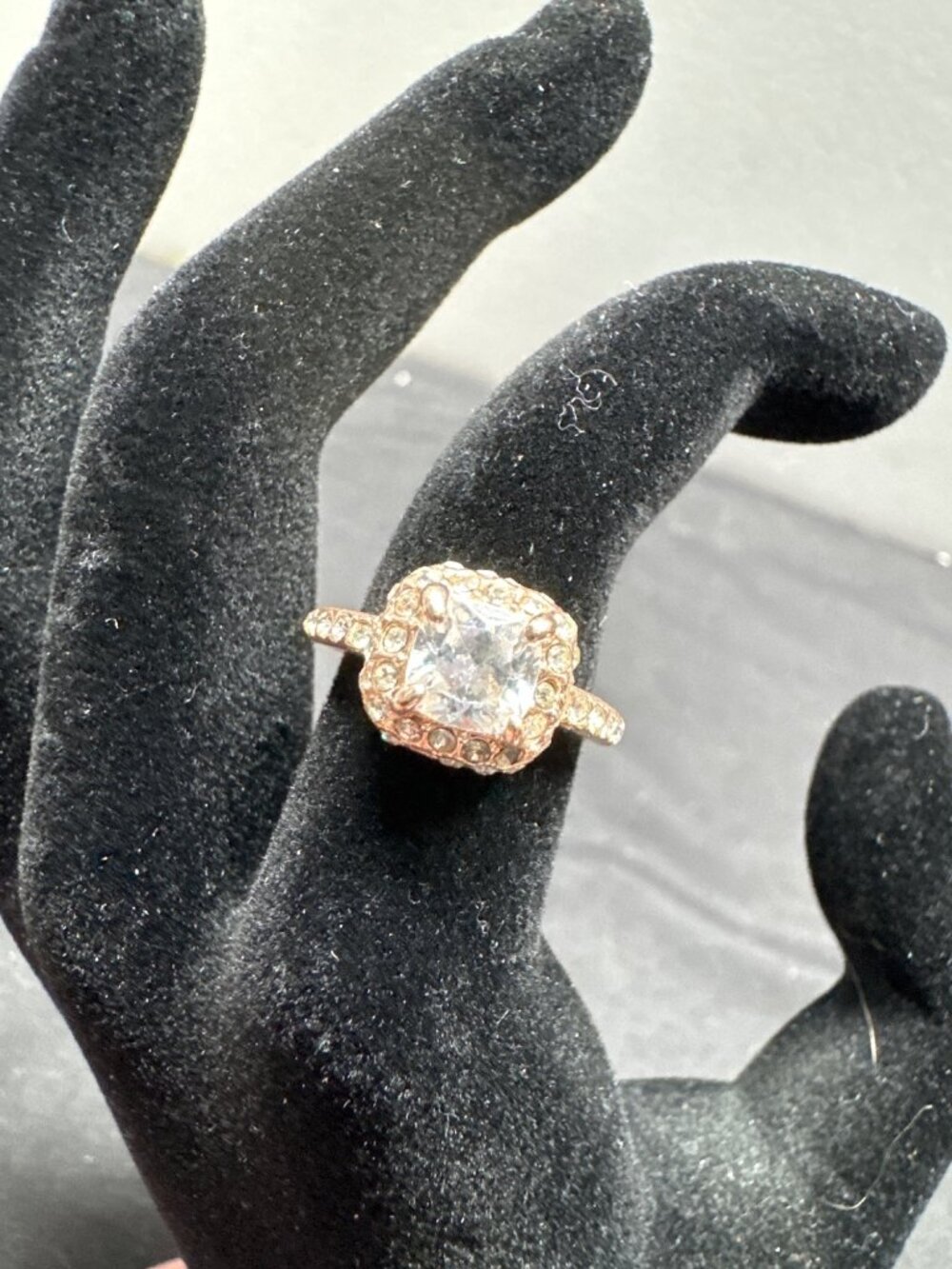 Rose Gold-Tone Cushion Cut CZ Engagement Ring With Pave Accents Size 5